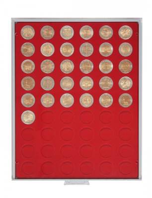 Box rouge pour 54 pieces de 2 euros avec alvéoles ronds 25.75mm LINDNER 2154