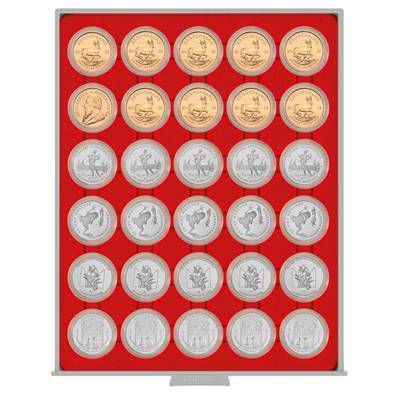 Box rouge 30 cases pour monnaies 33mm sous capsules LINDNER 2226