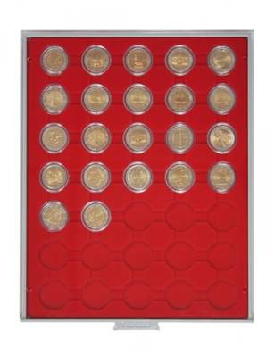 Box rouge pour pieces 2 euros sous capsules avec alvéoles ronds LINDNER 2530