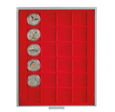 Box rouge pour 24 monnaies alvéoles carrés 42 mm LINDNER 2124